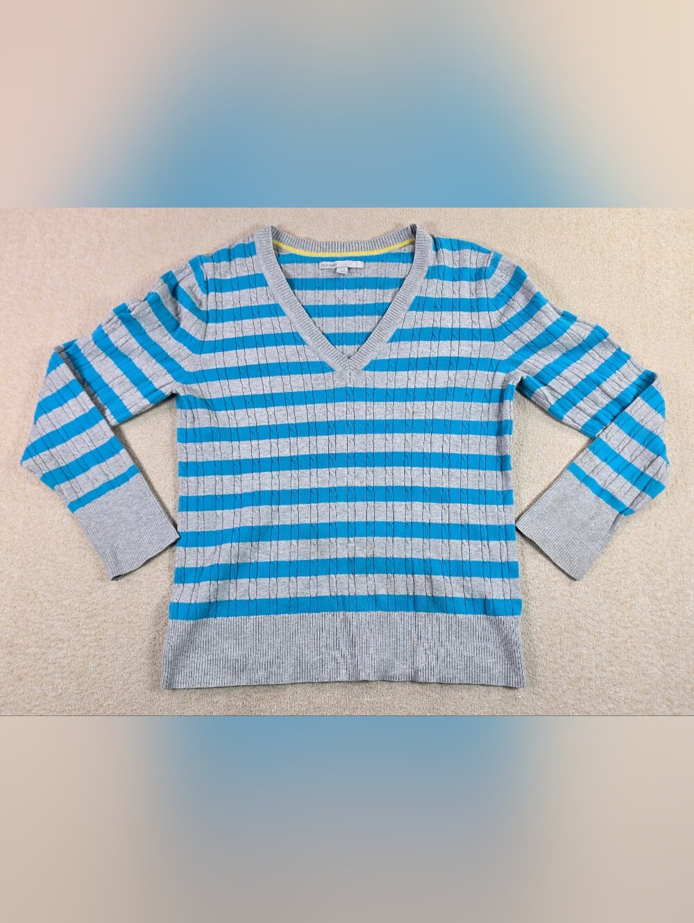 Old Navy Womens XL Gray Blue Striped V-Neck Cable Knit Sweater Long Sleeve
